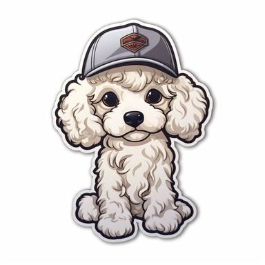 full body poodle dog with cap sticker, modern style animated, white background, cute eyes, die cut sticker, no image noise, clipart, no hyper detailed lettering, maximum detail-8k