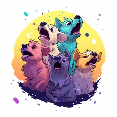 group of cute hyenas, howling at the moon in perfect harmony, their voices carrying through the night, vibrant pastels, clipart, on a white background
