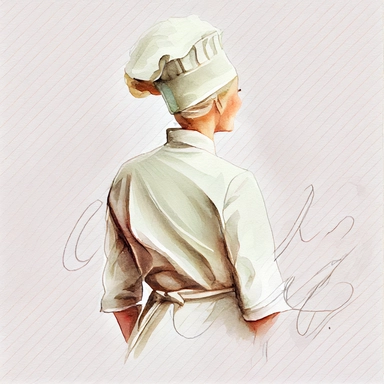 watercolored pencil from a wide angle, Female chef, back only, wearing chef's hat and wearing white chef's clothing clipart
