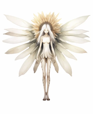 watercolour illustration for clipart, isolated full length australian flannel flower pixie, large eyes, long wings, muted earthy tones, botanical, white background, nothing in the background