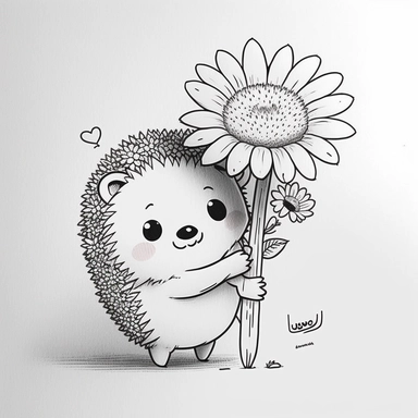 Happy cute cartoon hedgehog hugs a flower, white background, anime style, incredibly detailed , thick outline , Create a sketch of a black and white  Cute and adorable cartoon it , fantasy, dreamlike, surrealism, super cute, trending on artstation design, in a minimal and lineal style. The tattoo should be simple, with clean lines and minimal detail. The sketch should be done in pen or pencil , looking to the camera, clipart, , white background, summer flowers at the bottom, cute, love vibes, su