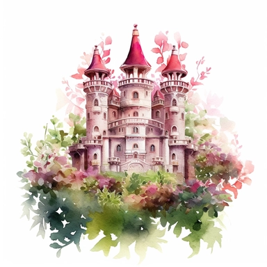 Carnation Castle - As a part of the Whimsical Botanical Dwellings collection, this watercolor clipart features a majestic castle composed of Roseate Hue carnations and Fern Green leaves. The grand castle, with its detailed architecture and bright colors, stands out vividly from the white background.