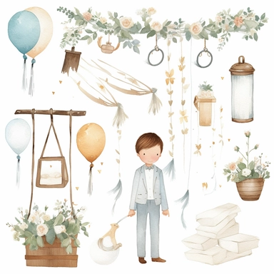 First communion illustrations clip art set, watercolor, white background, simple, soft colors, cartoon elements, boy, holy cross, white doves, tulips, peonies, eucalyptus branches, wooden rosary beads, powder blue, brown, flowers, first holy communion a little boy swings on a swing suspended on strings on a tree with a garland of lanterns and balloons