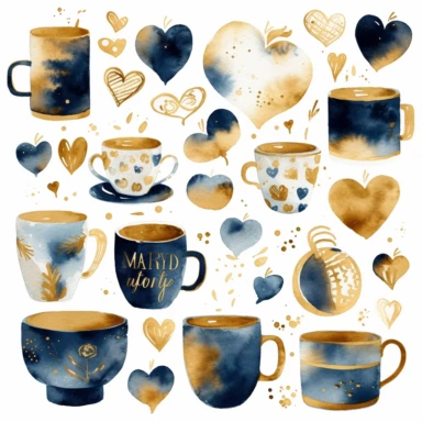 collection of watercolor clipart, hearts and coffee theme, by mary blair, white background, navy blue, gold and chocolate colors, print on demand image, PNG transparent background, white background, 8k