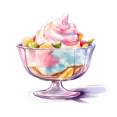 a drawing of a dessert featuring candy and whipped cream, icecream sundae, lemon, glass bowl, in the style of pastel toned, shiny/glossy, colorful fantasy realism, caffenol developing, warmcore, #screenshotsaturday, rubens, white background, isolated, free brushstrokes, watercolor illustration, clipart,