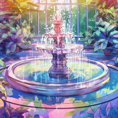 holographic fountain in a garden, presented in a watercolor clipart style that adds to its whimsical and enchanting appearance. The lighting is set on a nice day, with the natural sunlight highlighting the vibrant and enthusiastic colors used in the design. The composition of the scene is set for a close-up view, focusing on the intricate details of the holographic fountain as it blends seamlessly with the garden. The scene evokes a sense of peace and tranquility, inviting viewers to relax and t