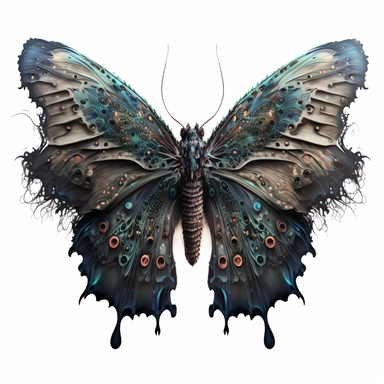 butterfly, in the style of intricate and bizarre illustrations, full body, image only, dark, foreboding colors, realistic yet imaginative, hyper-realistic animal illustrations, sgrafitto, charming character illustrations, watercolor, white background, clipart