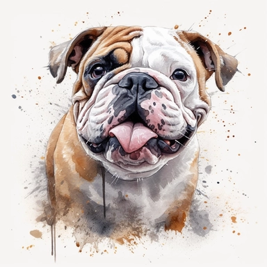 cute English Bulldog dog portrait, full face, centered shot, side shot, dynamically posed, in action, playful mood, happy mood, playing mood, cute face, adorable smile, childlike eyes, clean watercolor illustration, white background, nursery baby imagery,