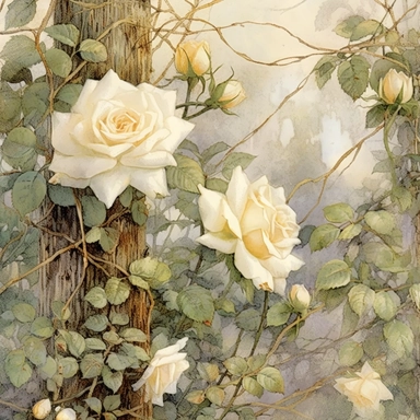 white roses climbing on a trellis, muted grasses at the bottom, clipart, page border style, soft and hazy watercolor, white background, vintage--q2