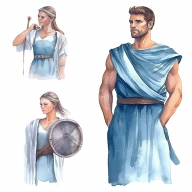 Watercolor well built roman man and woman with white cloths , illustrations clipart set, simple, , cartoon elements, different variants , separate elements with a margin