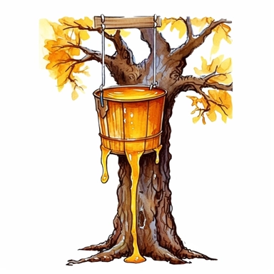 tree sap dripping out of a tap on a tree trunk and collected in a hanging bucket, tree sap dripping into a bucket from a maple tree trunk, cartoon image, clipart, vivid colors