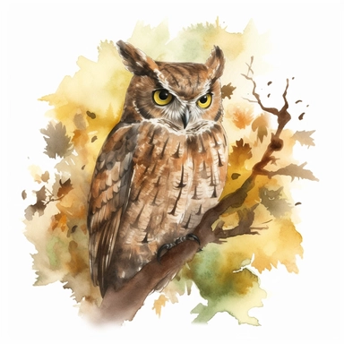 watercoloran owl sits on an oak branch, warm, soft glow through the trees, leaves are falling, trees in the background, hyper realistic, isolated white background, 8k, ultra detailed clipart, warm green and brown