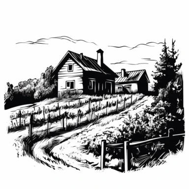 a line clipart style minimlist drawing of a vineyard with no background imaging and a log cabin in black and white