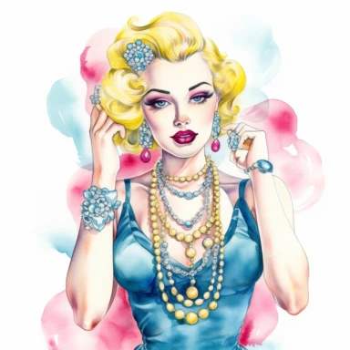Hand drawn 1950’s pin up woman, dressed like Gemini , zodiac, very glamorous with jewelry, shades of blue yellow and hot pink, half body, very detailed and realistic, watercolor, white background with margins, clipart style