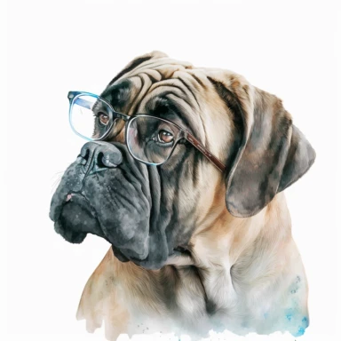 a watercolor painting of a English Mastiff with glasses, clipart, white background