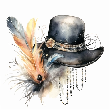 high detail watercolor clip art high fashion hats with feathers and pearls in black, on a white background
