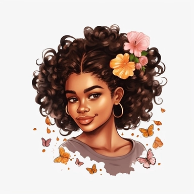 ultra detailed Black Girl Self Love Clipart, solid white background, cozy outfit, beautiful hair, super cute , super hot, self love, peaceful, floral heart, watercolor, floral, contour, PHOTOREALISM portrait , by ANIMATION