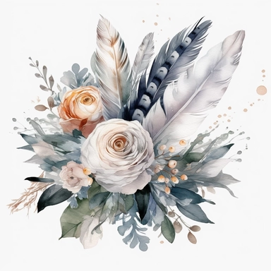 Watercolor dusty greay and white feathers bouquet clipart white background no text wedding style eligible for transparent background