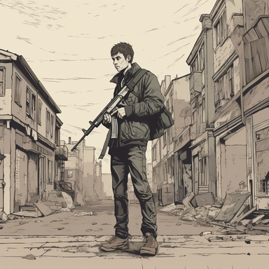 a full body portrait of a young man holding his M16 rifle and shoot fire to the side,in a poor street +s ide view+dark color tones+ vintage drawing style ,clipart drawing,clipart image,high definition drawing,clean colors,balanced colors,detailed drawing,ratito 16:9 , aspects : high 1920 + width 1080