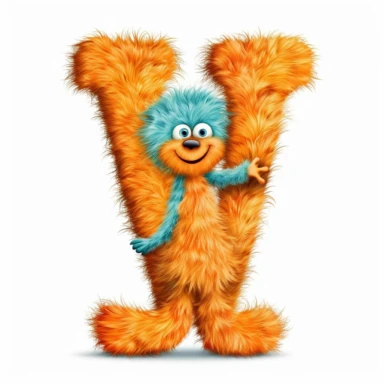clipart style letter V, Dr. Suess fluffy style with arms, legs and friendly cute face for children