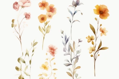 COLLECTION OF enchanted MAROON AND DUSTY YELLOW flowers WATERCOLOR HAND PAINTED clipart, GREEN WILD LEAVES BETTWEEN FLOWERS AND IN THE BACK, WATERCOLOR AIRY PASTEL COLORS, VISIBLE WATERCOLOR BRUSH TOUCHES, DREAMY AND ELEGANT, COLORFUL DREAMY FLOWERS,white background, WATERCOLOR 8k,