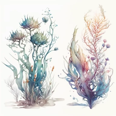 auatic plants, light watercolor clipart, isolated on white background, James Jean and Peter Mohrbacher, no text, no captions