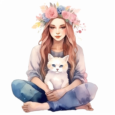 A boho style realistic cute boho girl sitting with a cute white cat at the boho style room with watercolor effect, boho style tools, details, boho colors, suitable for digital clipart, white background, pink boho flowers, realistic features