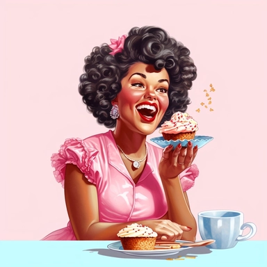 vintage 1950s illustration black woman eating cakes Clipart, on a white background, vintage aesthetic, character focus, 4K resolution, no background, realistic rendering, use using Cinema 4D