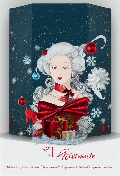 Christmas gift box, red bow, clipart, anime, christmas background, white snow, flooded with celestial starry waters, rococo style Marie Antoinette, big glass windows with billowing, floral drapery,