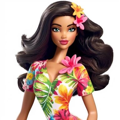 Beautiful pretty barbie doll hawaiian style, dark hair, paint art style, detail, clipart, white background, superrealistic, one of a kind