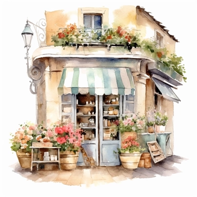 watercolor clipart flower shop , France, view from above ,single object,png,transparent ,watercolor styles, white background for removing background- - no text shadow font watermark