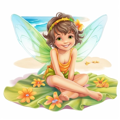 a beautiful happy fairy lying on a beach towel, tanning on the beach, clipart, white background