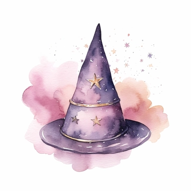 Witch's Hat, in the style of watercolor illustrations, pink and gold, soft lilac, magical and mystical, galaxy elements, modern minimal watercolor, on white background, clipart