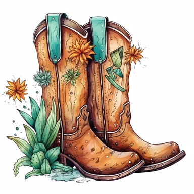 Hand drawn clip art on white background of Cowboy boots and summer vibes