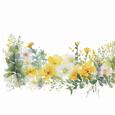 watercolor spring flower border, clipart isolated on clear white background, yellow and white, boho, lithograph, 32k uhd, textural