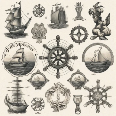 maritim symbols, vintage, clipart, 8k, high detail, white background