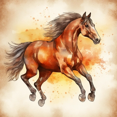 Create a western-themed clipart of a galloping horse, with a style similar to watercolor and colored pencil, but slightly more realistic. The watercolor effect should only be applied to the horse, and not spill out onto the background, so that the image can be easily edited and used in different contexts. Keep the details minimal and use thick lines.