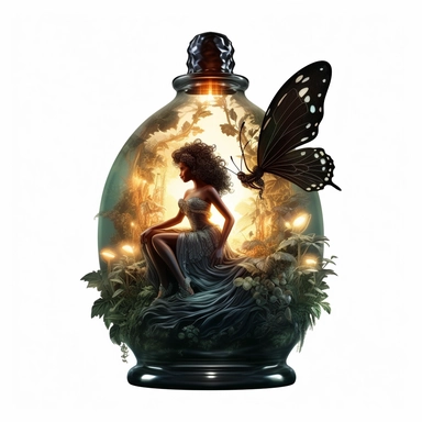 A black fairy with delicate wings, perched inside a glowing bottle, surrounded by a lush, vibrant fairyland, clipart, white background