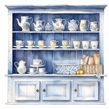 watercolor, hyper realistic, white background, white margins, 16k, ultra detailed clipart, cut out image, hand-drawn a kitchen cabinet with white cups and pots on it, in the style of charming illustrations, azure, pastoral nostalgia, raw materials, light yellow and dark blue, fujifilm natura 1600, windows vista