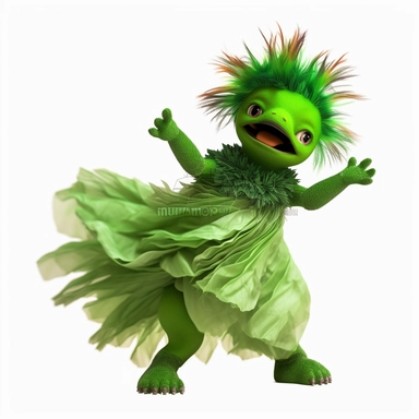 green baby girl Godzilla, looks like an alien, doing high step dance moves, wearing a designer dress made from Phoenix feathers , ultra high fashion, wearing ruby neck scarf, techno lighting, disney cuteness, plain white background, cutout clipart