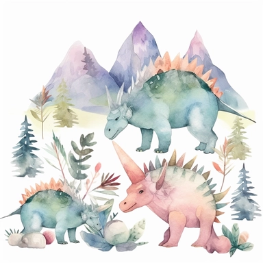 friendly, fluffy watercolor dinosaurs clipart, pastel colors, in the mountains, forest, separated, seamless, transparent background--AR 3:2