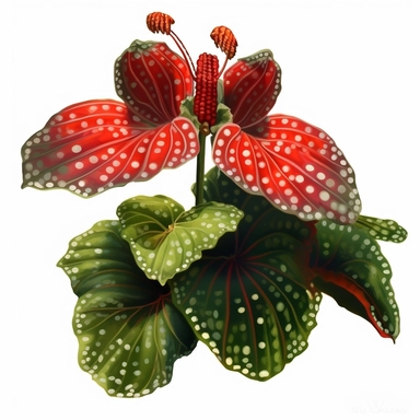Clipart, Polka Dot Begonia's, tropical plant from Brazil, with large angel wing shaped leaves, in a vibrant olive green color, deep red undersides and polka dot finishes on top. It has silver spots on its surface and a crimson reddish underside