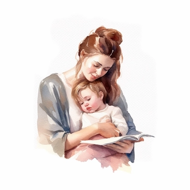 watercolor style, female book lover clipart, holding a little baby girl crying, isolated on white background, 4K