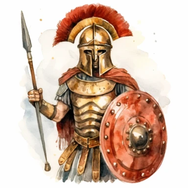 n exquisite watercolor clipart of a Roman army warrior. The soldier stands in his full battle armor - a carefully crafted bronze helmet with prominent cheek guards, a muscular cuirass for body protection, and a scarlet tunic underneath. He carries a large, circular shield, and a short, stabbing sword, known as a gladius. This art piece exudes strength and bravery, set against a stark white background, ensuring its suitability for a variety of merchandise.