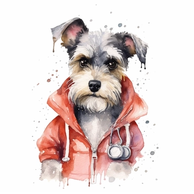 An adorable watercolor clipart of a Doggy Diva wearing a fashionable outfit, salt and pepper Miniature Schnauzer
