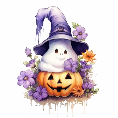 Cute Ghost wearing a Halloween hat, pumpkin, purple flowers, Halloween sublimation, watercolor, digital painting, highly detailed, realistic,style by Lucy Fleming, watercolor, smooth gradients, black contour outline, ultra detailed, clipart elements, delicate pastel colors, solid white background, super clear, high quality