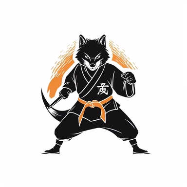 2D Black logo on a white background. Black fox samouraï makes karate Clipart. NO SHADING. KEEP THE LOGO SIMPLIFIED