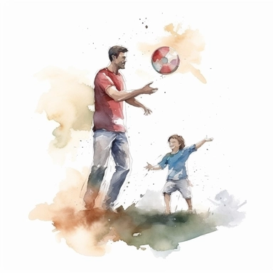 Father and child playing catch or throwing a frisbee, water color style, clipart, white background