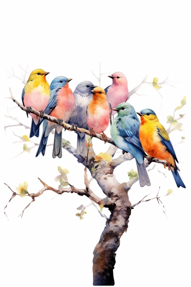 Watercolor cute birds standing on a branch in spring, nature, very vivid colors, highly detailed drawing, white background, clipart, colorful, highly detailed, HD