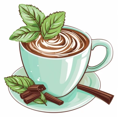 Create a mint chocolate clipart that features a delicious combination of mint green and chocolate brown colors. The design should include an image of a chocolate bar partially covered in mint leaves or swirls of mint. Additionally, the clipart could be a representation of a refreshing mug of hot chocolate with a sprinkle of chopped mint leaves on top. The overall style should be simplistic and elegant, with a high level of detail and color accuracy to convey the rich, indulgent flavor of mint ch